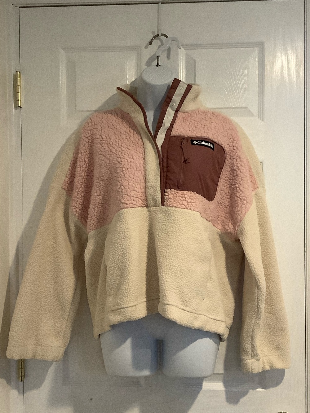 COLUMBIA Women’s Fleece Teddy Pink/Cream/Brown Pullover Gorpcore Fall Jacket L